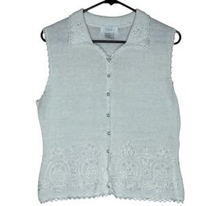 XXist VTG Sleeveless Knit Top Pearls Embellished Button‎ Down Vest XL Crochet